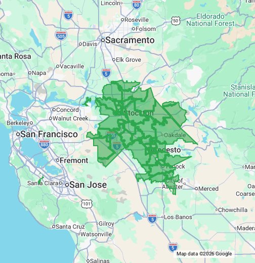 Vintage Pool Service service area map: Manteca, Stockton, Tracy, Modesto and the Central Valley